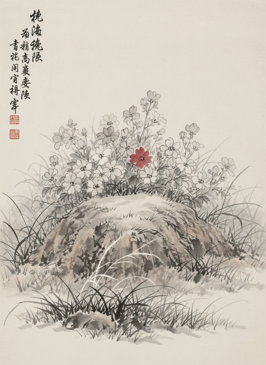 他看到在母亲坟墓后边没人脚践踏的地方，有很多苍白的花朵，只有中间的一朵，显出黯淡的红色。