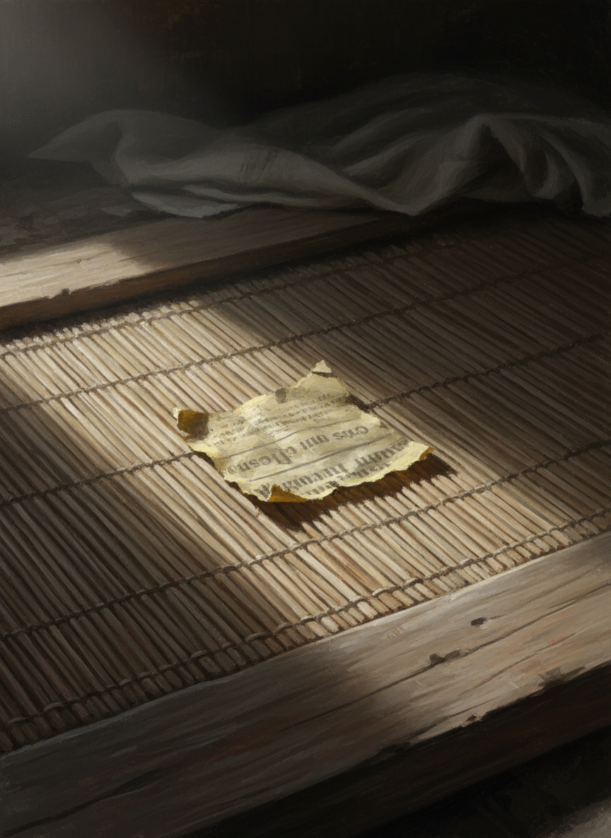 我在草席和床板之间发现一张报纸残片，几乎粘在褥布上，发黄，透明。