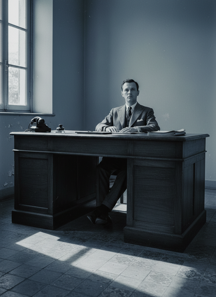 Il s'est assis derrière son bureau, il a croisé ses petites jambes.