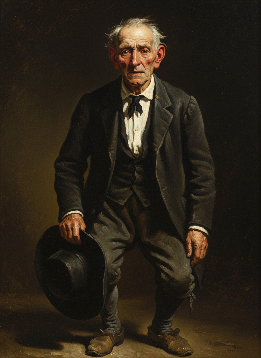 Il avait un feutre mou à la calotte ronde et aux ailes larges (il l'a ôté quand la bière a passé la porte), un costume dont le pantalon tirebouchonnait sur les souliers et un nœud d'étoffe noire trop petit pour sa chemise à grand col blanc.
