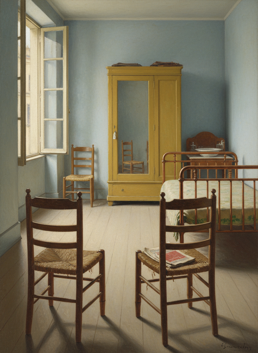 Je ne vis plus que dans cette pièce, entre les chaises de paille un peu creusées, l'armoire dont la glace est jaunie, la table de toilette et le lit de cuivre.
