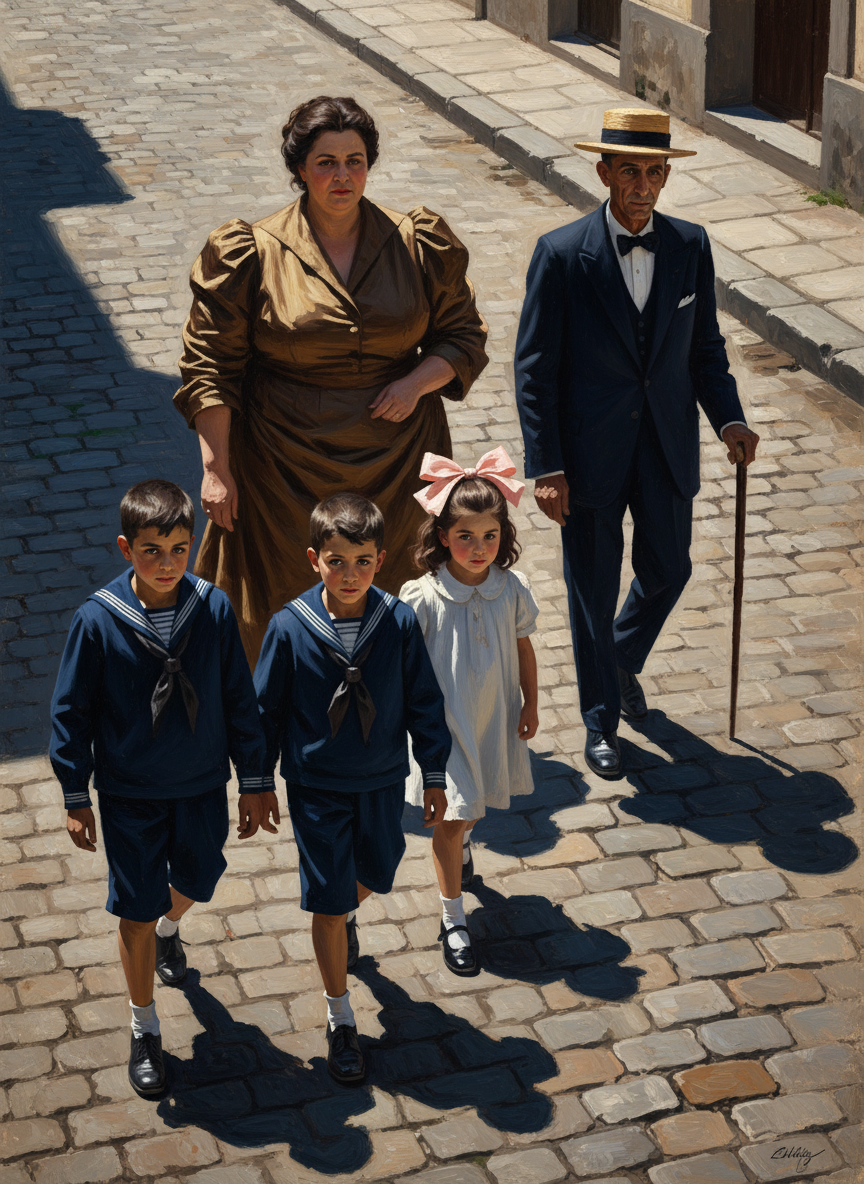 C'étaient d'abord des familles allant en promenade, deux petits garçons en costume marin, la culotte au-dessous du genou, un peu empêtrés dans leurs vêtements raides, et une petite fille avec un gros nœud rose et des souliers noirs vernis.