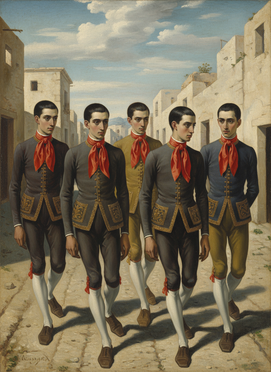 Un peu plus tard passèrent les jeunes gens du faubourg, cheveux laqués et cravate rouge, le veston très cintré, avec une pochette brodée et des souliers à bouts carrés.