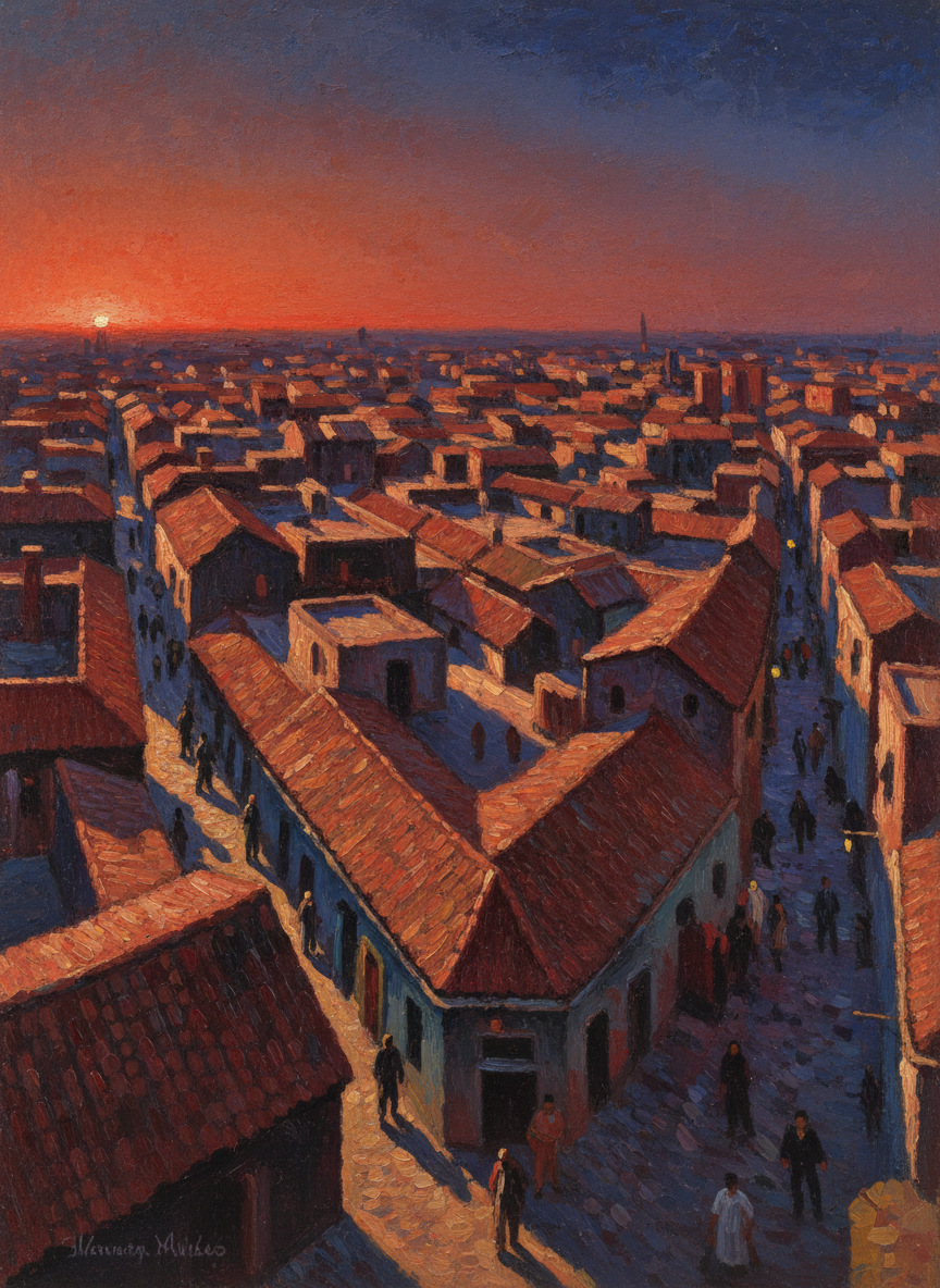 Au-dessus des toits, le ciel est devenu rougeâtre et, avec le soir naissant, les rues se sont animées.