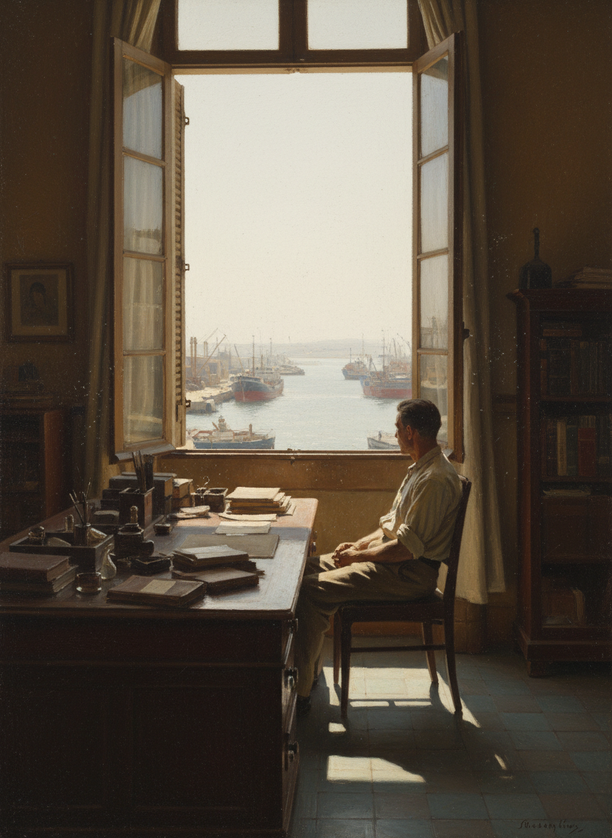 Le bureau donne sur la mer et nous avons perdu un moment à regarder les cargos dans le port brûlant de soleil.