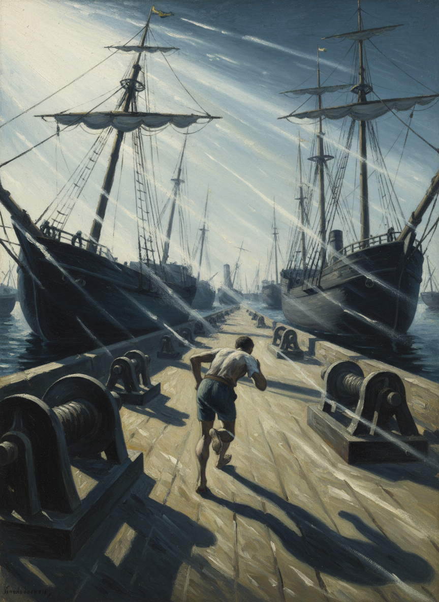 Je ne voyais plus rien et ne sentais que cet élan désordonné de la course, au milieu des treuils et des machines, des mats qui dansaient sur l'horizon et des coques que nous longions.