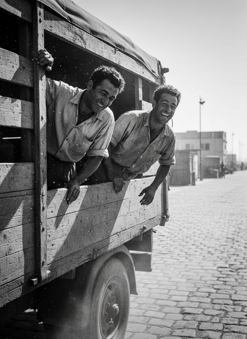 Nous étions hors de souffle, le camion sautait sur les pavés inégaux du quai, au milieu de la poussière et du soleil.