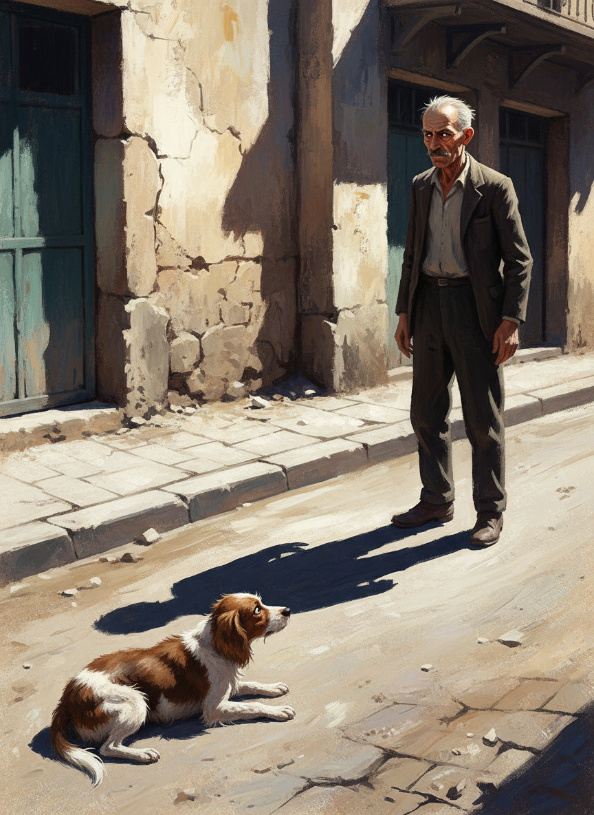 Alors, ils restent tous les deux sur le trottoir et ils se regardent, le chien avec terreur, l'homme avec haine.