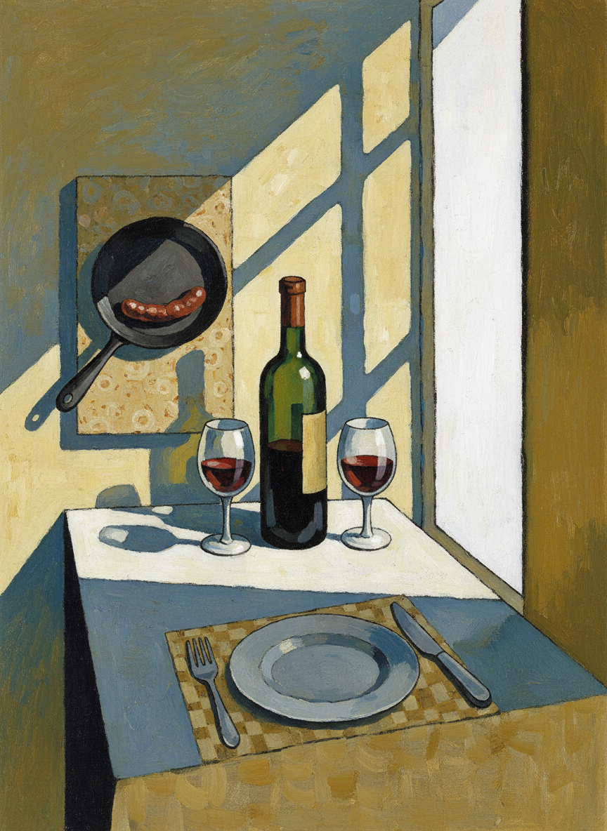 Il a sorti du boudin, il l'a fait cuire à la poêle, et il a installé des verres, des assiettes, des couverts et deux bouteilles de vin.