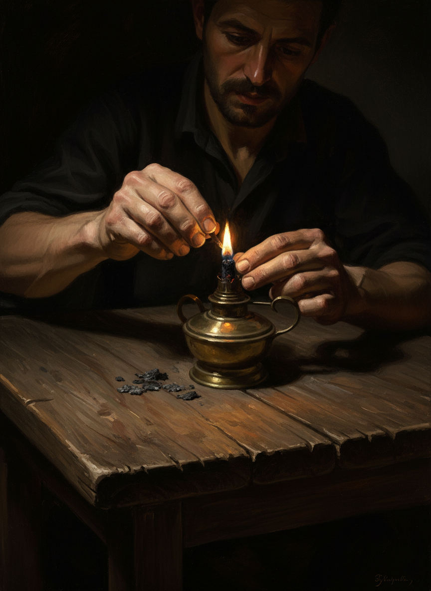 Il s'est arrêté pour régler la mèche de la lampe qui charbonnait.