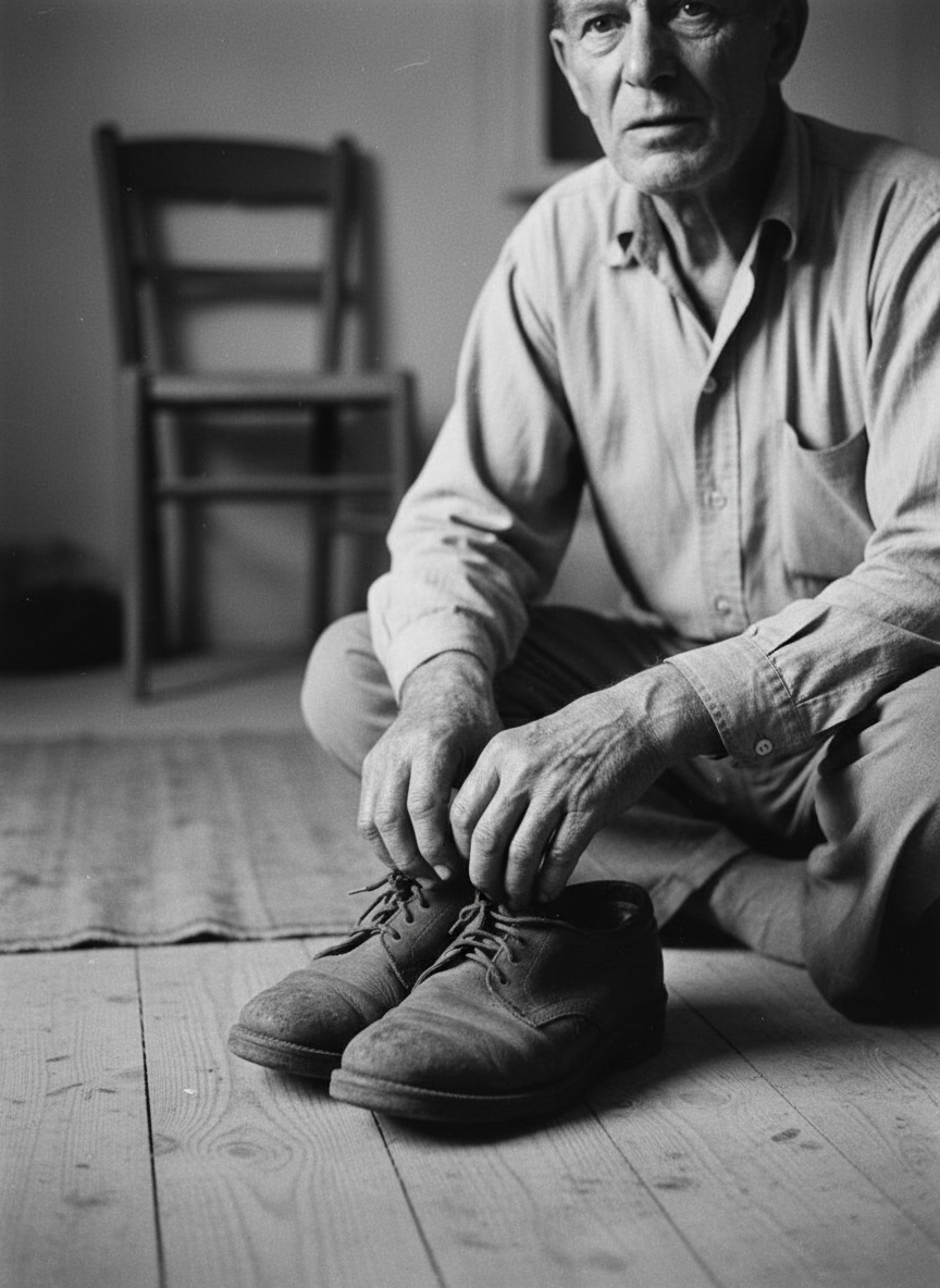 Il regardait la pointe de ses souliers et ses mains croûteuses tremblaient.