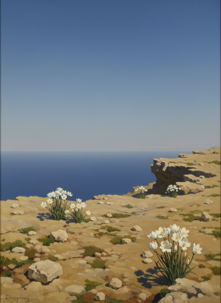 Il était couvert de pierres jaunâtres et d'asphodèles tout blancs sur le bleu déjà dur du ciel.
