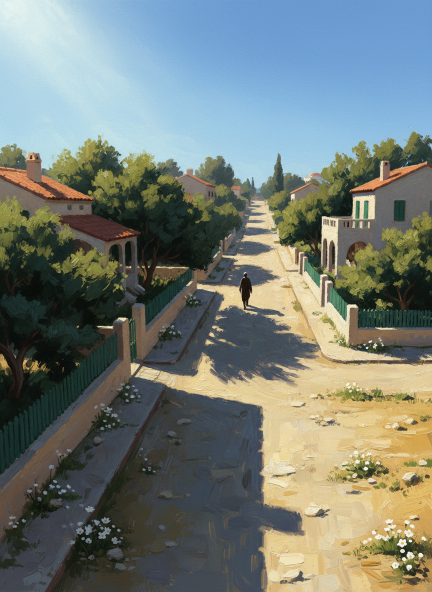 Nous avons marché entre des files de petites villas à barrières vertes ou blanches, quelques-unes enfouies avec leurs vérandas sous les tamaris, quelques autres nues au milieu des pierres.
