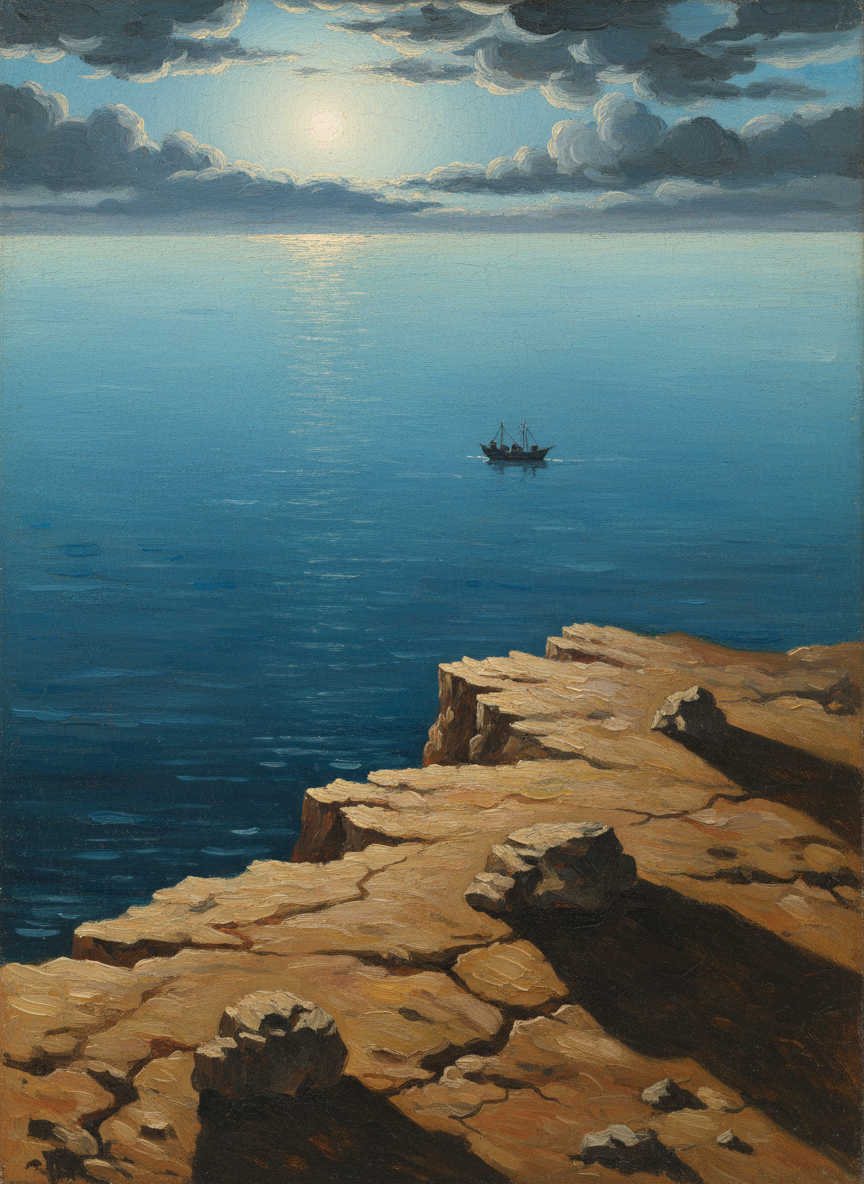 Et nous avons vu, très loin, un petit chalutier qui avançait, imperceptiblement, sur la mer éclatante.