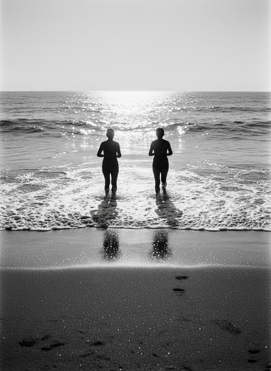 Nous avons couru pour nous étaler dans les premières petites vagues.
