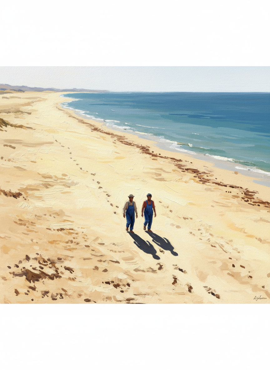 Mais j'ai aperçu en même temps, tout au bout de la plage et très loin de nous, deux Arabes en bleu de chauffe qui venaient dans notre direction.