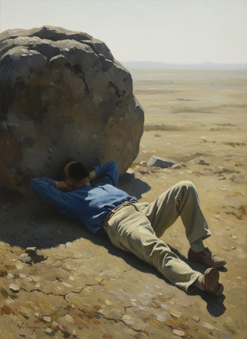 Il était seul. Il reposait sur le dos, les mains sous la nuque, le front dans les ombres du rocher, tout le corps au soleil.