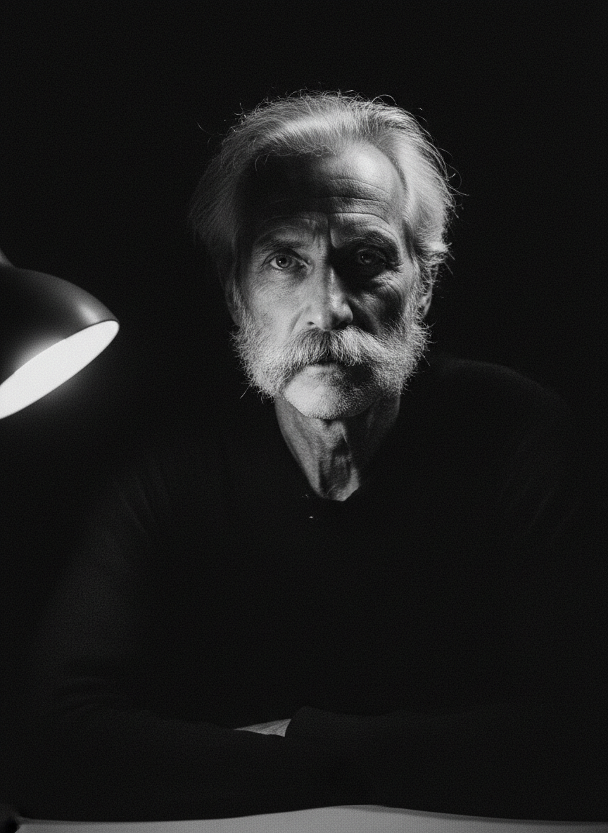 Après notre conversation, au contraire, je l'ai regardé et j'ai vu un homme aux traits fins, aux yeux bleus enfoncés, grand, avec une longue moustache grise et d'abondants cheveux presque blancs.