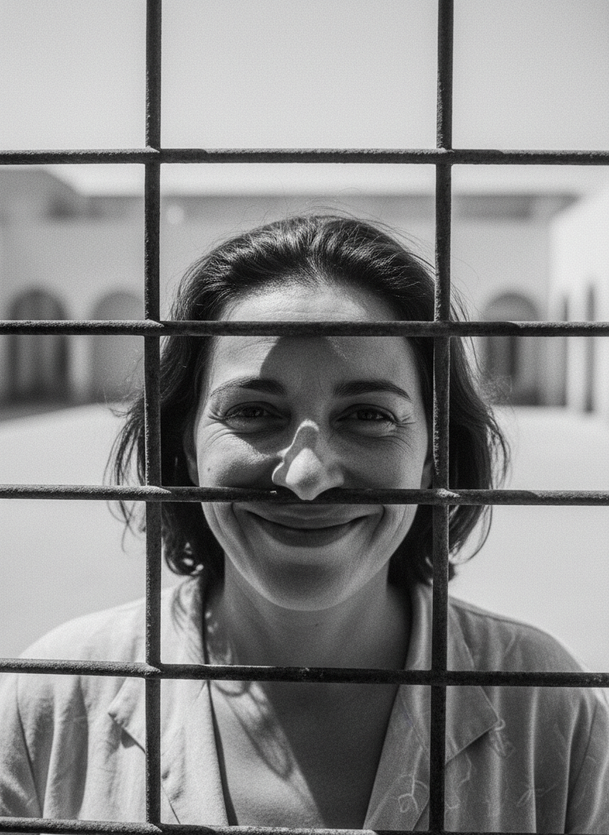 Elle était immobile, le visage écrasé contre la grille, avec le même sourire écartelé et crispé.