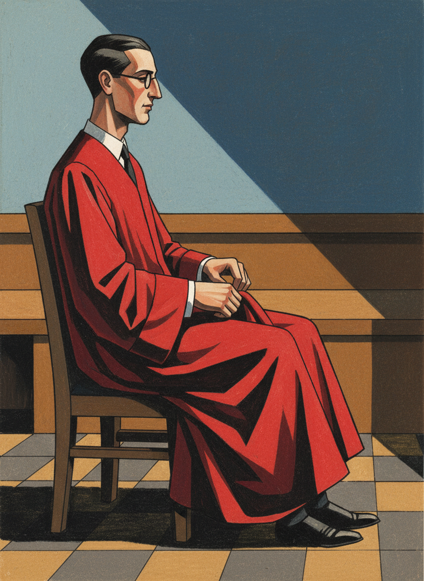 À ma gauche, j'ai entendu le bruit d'une chaise qu'on reculait et j'ai vu un grand homme mince, vêtu de rouge, portant lorgnon, qui s'asseyait en pliant sa robe avec soin.