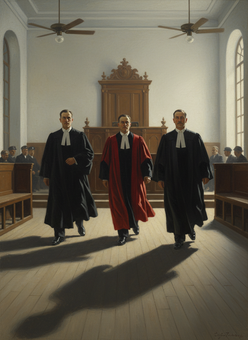Trois juges, deux en noir, le troisième en rouge, sont entrés avec des dossiers et ont marché très vite vers la tribune qui dominait la salle.