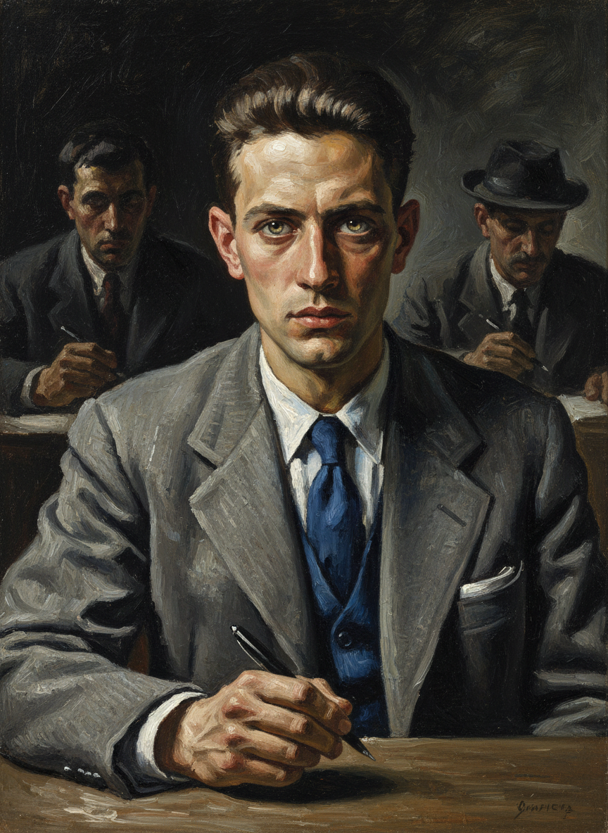 Pourtant, l'un d'entre eux, beaucoup plus jeune, habillé en flanelle grise avec une cravate bleue, avait laissée son stylo devant lui et me regardait.