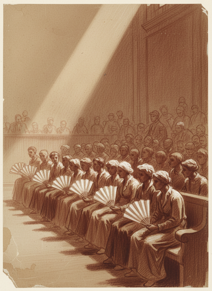 L'après-midi, les grands ventilateurs brassaient toujours l'air épais de la salle et les petits éventails multicolores des jurés s'agitaient tous dans le même sens.