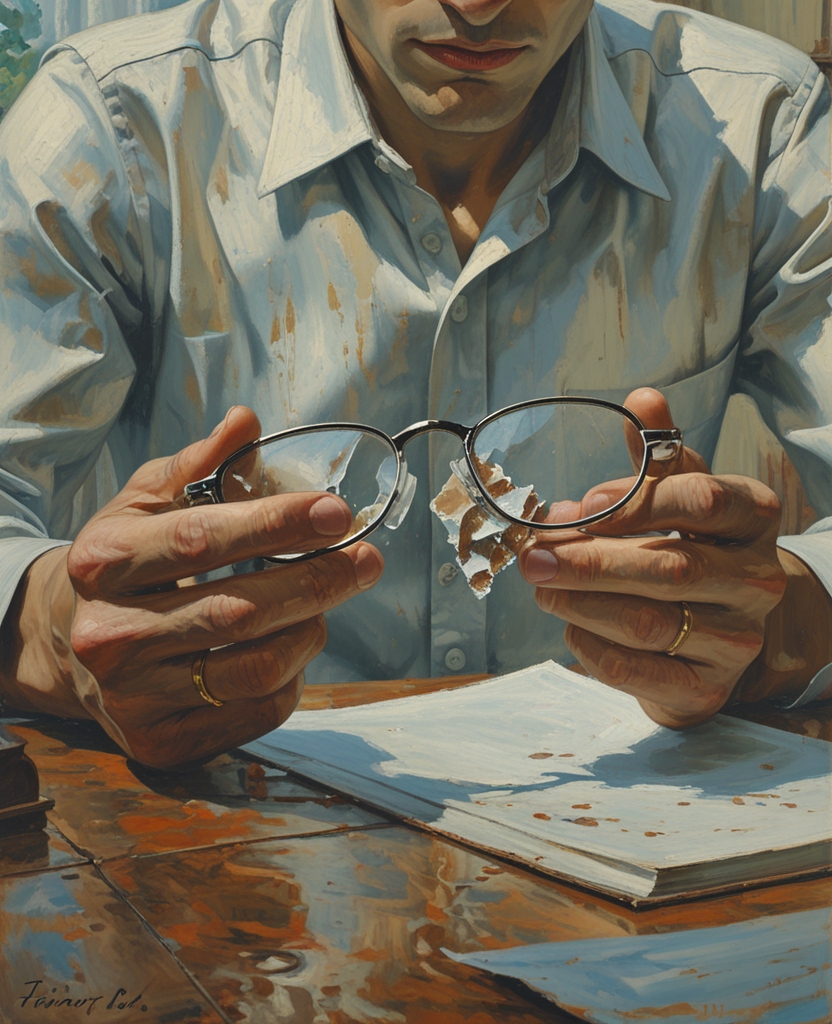 The frame of his spectacles would snap in mid-bridge, leaving him with two identical pieces, which he would vaguely attempt to unite, in the hope, perhaps, of some organic marvel of restoration coming to the rescue.