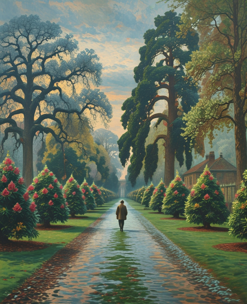 He found himself in a damp, green, purplish park, of the formal and funereal typ