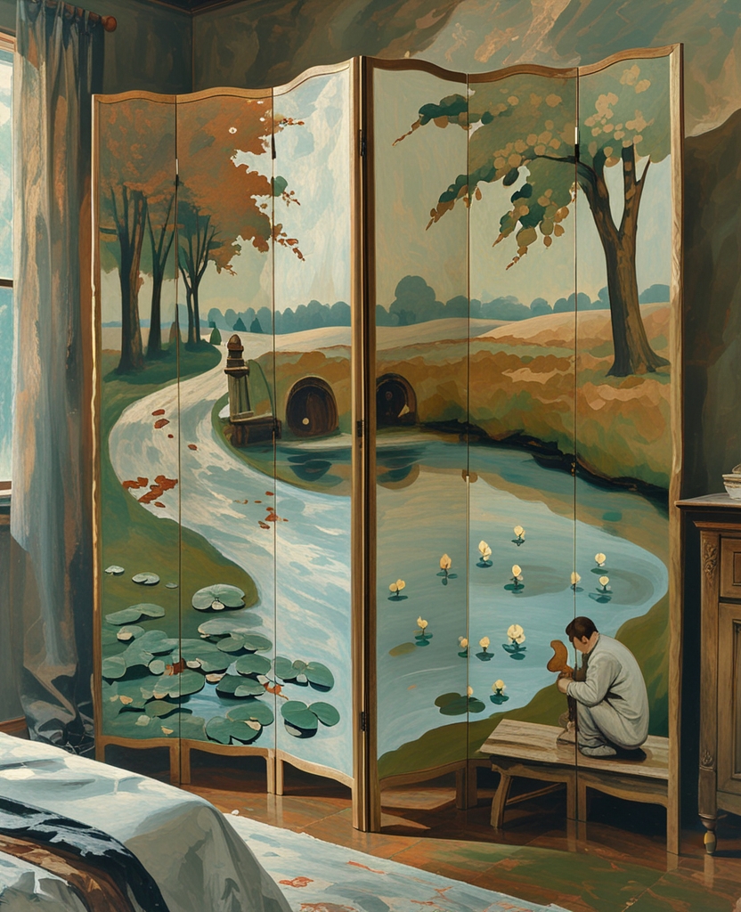 Near his bed was a four-section screen of polished wood, with pyrographic designs representing a bridle path felted with fallen leaves, a lily pond, an old man hunched up on a bench, and a squirrel holding a reddish object in its front paws.