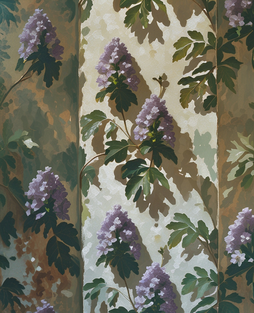 He had always been able to see that in the vertical plane a combination made up of three different clusters of purple flowers and seven different oak leaves was repeated a number of times with soothing exactitude; but now he was bothered by the undismissable fact that he could not find what system of inclusion and circumscription governed the horizontal recurrence of the pattern; that such a recurrence existed was proved by his being able to pick out here and there, all along the wall from bed to wardrobe and from stove to door, the reappearance of this or that element of the series, but when he tried traveling right or left from any chosen set of three inflorescences and seven leaves, he forthwith lost himself in a meaningless tangle of rhododendron and oak.