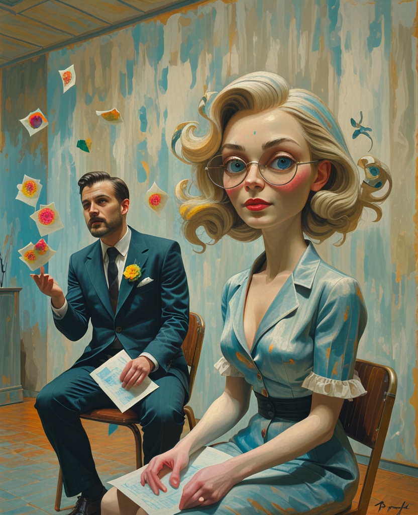 And soon afterwards, surfeited with sweets, wearing his black suit, and juggling three papers, all of which he had stuffed into his coat so as to have the one he wanted among the rest (thus thwarting mischance by mathematical necessity), he sat on a chair near the lectern, while, at the lectern, Judith Clyde, an ageless blonde in aqua rayon, with large, flat cheeks stained a beautiful candy pink and two bright eyes basking in blue lunacy behind a rimless pince-nez, presented the speaker: