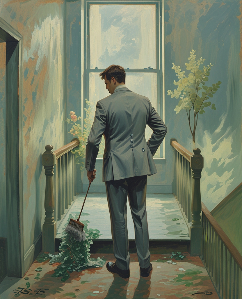 He had an irritating way of standing on the landing and assiduously brushing his clothes there, the brush clinking against the buttons, for at least five minutes every blessed morning.