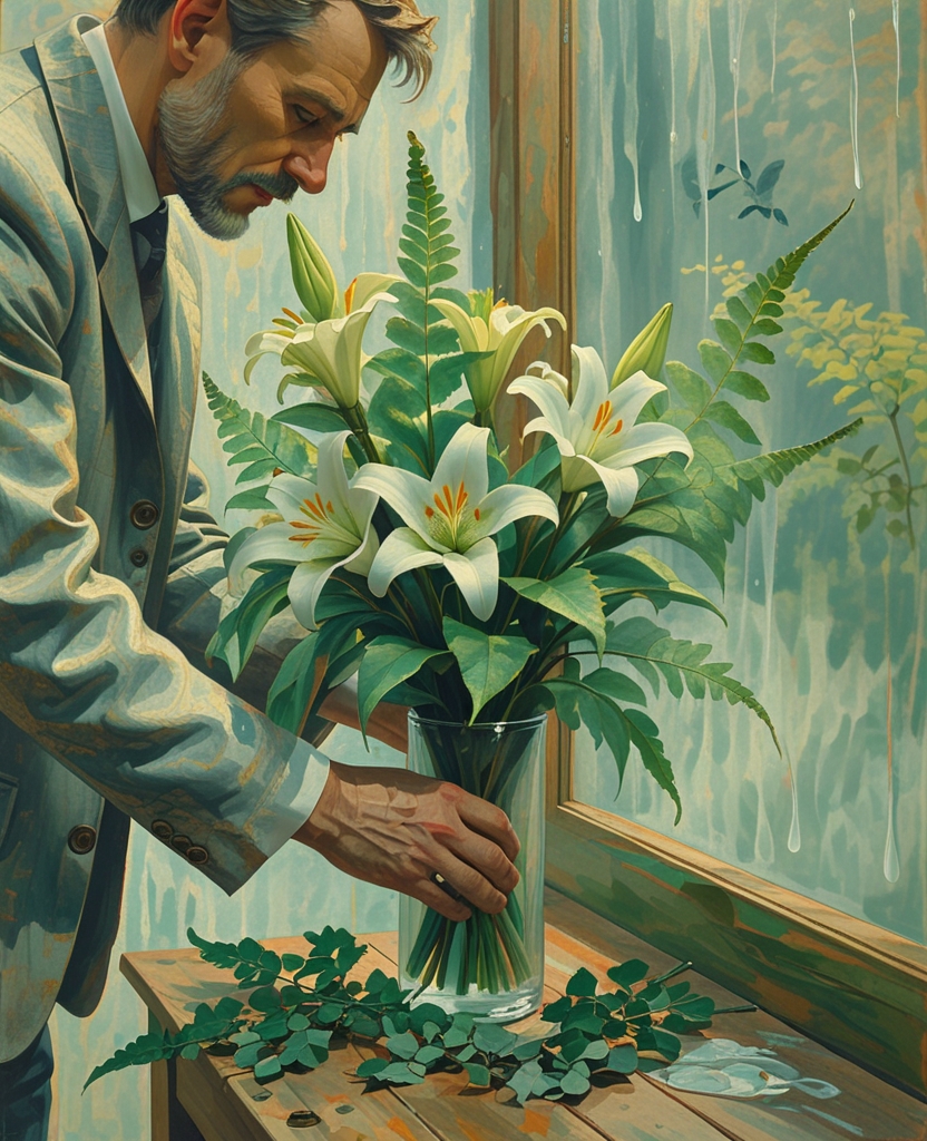 Pnin of course would have given her a divorce as readily as he would his life, with the wet stems cut and a bit of fern, and all of it wrapped up as crisply as at the earth-smelling florist’s when the rain makes gray and green mirrors of Easter day; but it transpired that in South America Dr.