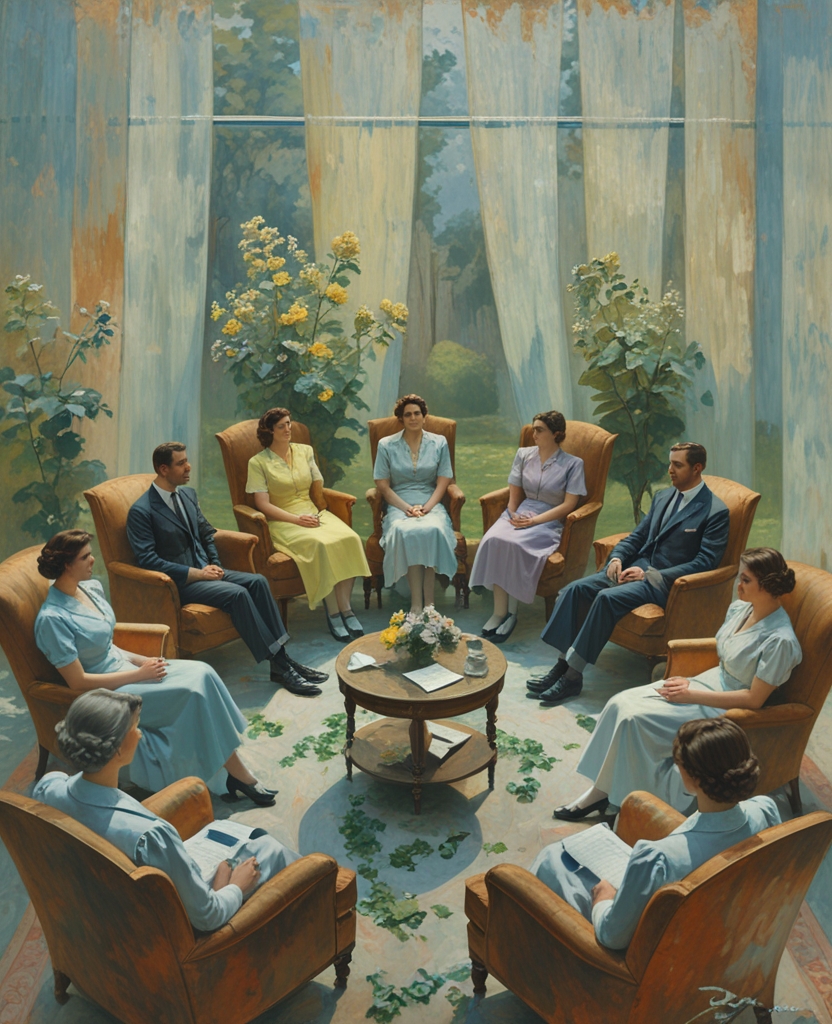 Encouraged by his and his wife’s protector, Eric evolved the ingenious idea (possibly not his own) of sidetracking some of the more plastic and stupid clients of the Center into a psychotherapeutic trap—a “tension-releasing” circle on the lines of a quilting bee, where young married women in groups of eight relaxed in a comfortable room amid an atmosphere of cheerful first-name informality, with doctors at a table facing the group, and a secretary unobtrusively taking notes, and traumatic episodes floating out of everybody’s childhood like corpses.