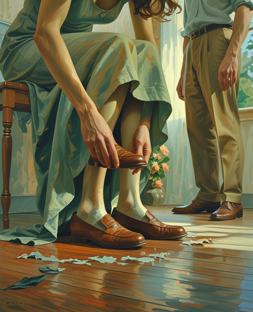 He turned away as she started to take off her shoes,and the sound they made topp