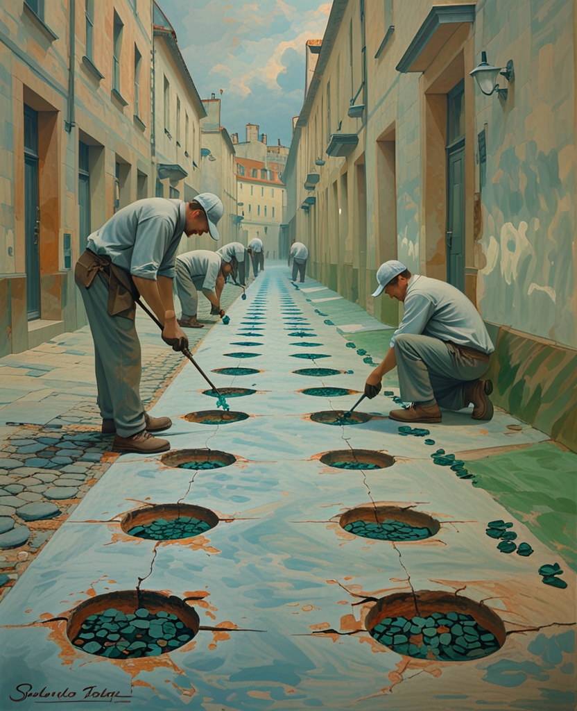 “I don’t any more play at games of infants”), until workmen came and started to drill holes in the street—Brainpan Street, Pningrad—and patch them up again, and this went on and on, in fits of shivering black zigzags and stunned pauses, for weeks, and it did not seem likely they would ever find again the precious tool they had entombed by mistake.