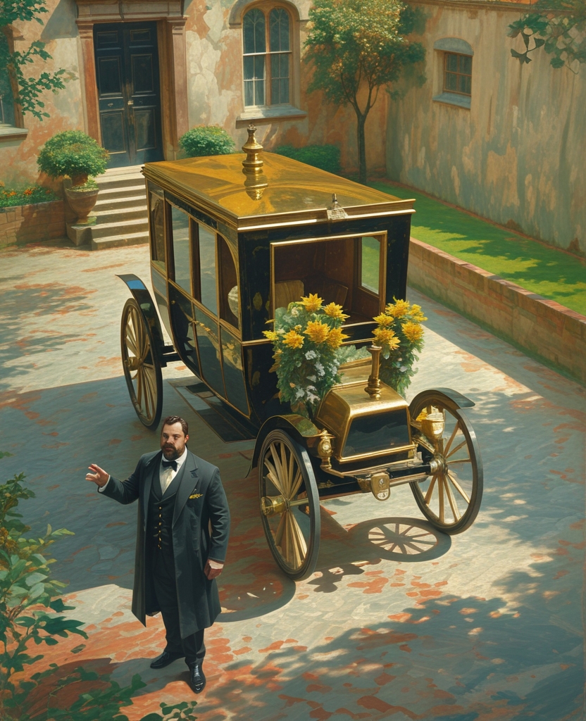 A somewhat Gogolian mortician praised his hearses de luxe, which were also available for picnics.