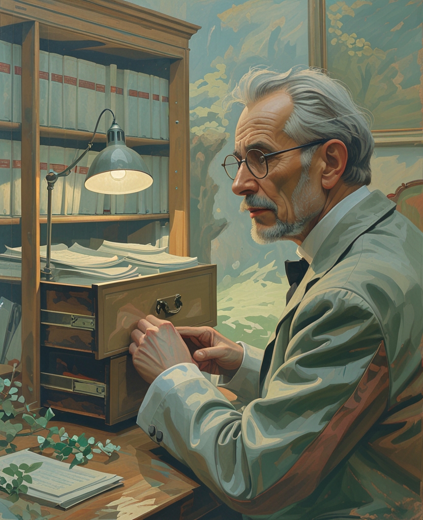 He was still at the blissful stage of collecting his material; and many good young people considered it a treat and an honor to see Pnin pull out a catalogue drawer from the comprehensive bosom of a card cabinet and take it, like a big nut, to a secluded corner and there make a quiet mental meal of it, now moving his lips in soundless comment, critical, satisfied, perplexed, and now lifting his rudimentary eyebrows and forgetting them there, left high upon his spacious brow where they remained long after all trace of displeasure or doubt had gone.