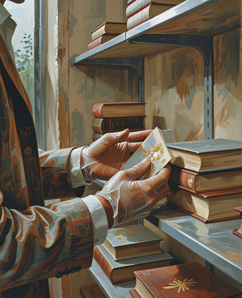 Wearing rubber gloves so as to avoid being stung by the amerikanski electricity in the metal of the shelving, Pnin would go to those books and gloat over them: obscure magazines of the Roaring Sixties in marbled boards; century-old historical monographs, their somnolent pages foxed with fungus spots; Russian classics in horrible and pathetic cameo bindings, whose molded profiles of poets reminded dewy-eyed Timofey of his boyhood, when he could idly palpate on the book cover Pushkin’s slightly chafed side whisker or Zhukovski’s smudgy nose.