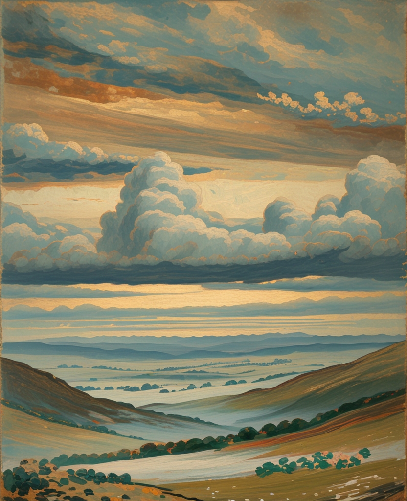 Above the distant, still sadder hills there lingered, under a cloud bank, a depth of tortoise-shell sky.