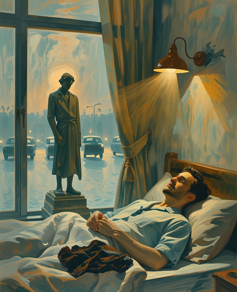 Pnin had all but lapsed into velvety oblivion when some frightful accident happened outside: groaning and clutching at its brow, a statue was making an extravagant fuss over a broken bronze wheel—and then Pnin was awake, and a caravan of lights and of shadowy humps progressed across the window shade.