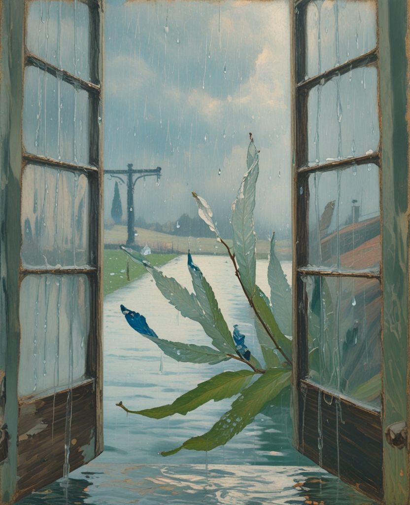 A copious spring shower kept lashing at the french windows, beyond which young greenery, all eyes, shivered and streamed.