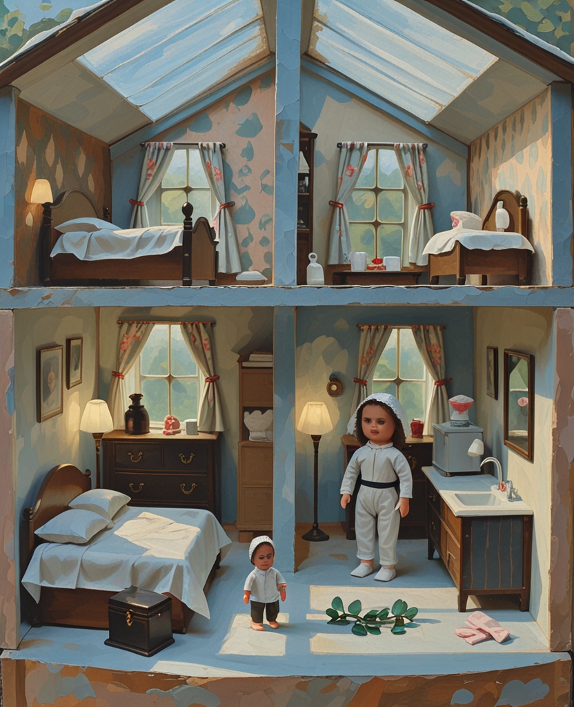 And there is, of course, the Doll Play, in which Patrick or Patricia is given two identical rubber dolls and a cute little bit of clay which Pat must fix on one of them before he or she starts playing, and oh the lovely doll house, with so many rooms and lots of quaint miniature objects, including a chamber pot no bigger than a cupule, and a medicine chest, and a poker, and a double bed, and even a pair of teeny-weeny rubber gloves in the kitchen, and you may be as mean as you like and do anything you want to Papa doll if you think he is beating Mama doll when they put out the lights in the bedroom.