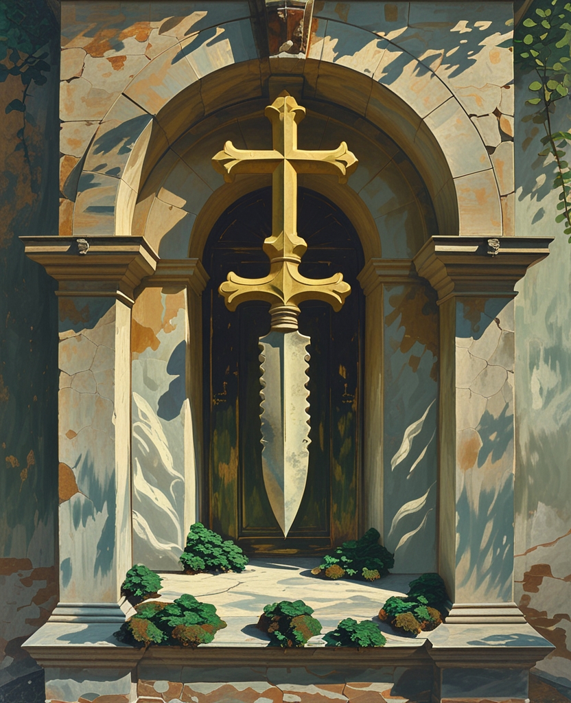 Under the cross and immediately over the sonorous-looking but really echoless arc of the entrance was carved a dagger of sorts, an attempt to represent the butcher’s knife so reproachfully held (in the Vienna Missal) by St.