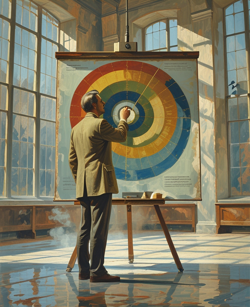 Among the many exhilarating things Lake taught was that the order of the solar spectrum is not a closed circle but a spiral of tints from cadmium red and oranges through a strontian yellow and a pale paradisal green to cobalt blues and violets, at which point the sequence does not grade into red again but passes into another spiral, which starts with a kind of lavender gray and goes on to Cinderella shades transcending human perception.