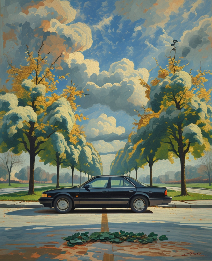 A polished black sedan was a good subject, especially if parked at the intersection of a tree-bordered street and one of those heavyish spring skies whose bloated gray clouds and amoeba-shaped blotches of blue seem more physical than the reticent elms and evasive pavement.