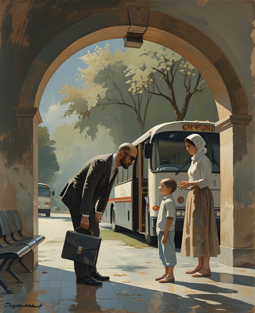 In an archway of the bus station a totally bald man with a brownish complexion, wearing dark glasses and carrying a black brief case, was bending in amiable interrogatory welcome over the thin-necked little boy, who, however, kept shaking his head and pointing to his mother, who was waiting for her luggage to emerge from the Greyhound’s belly.