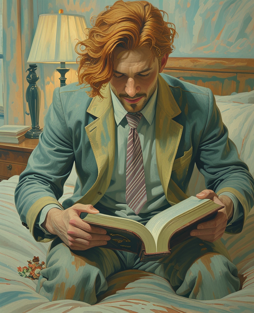 Then he sat down on the edge of the bed and, his auburn hair coming down in glossy lanks over his right temple, his striped tie dangling out of the front of his gray jacket, his bulky gray-flanneled knees parted, zestfully opened the book.