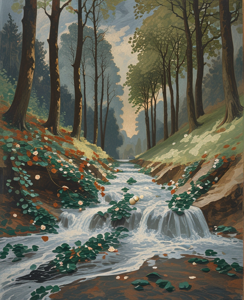 The brook in the gully behind the garden, a trembling trickle most of the time, was tonight a loud torrent that tumbled over itself in its avid truckling to gravity, as it carried through corridors of beech and spruce last years leaves, and some leafless twigs, and a brand-new, unwanted soccer ball that had recently rolled into the water from the sloping lawn after Pnin disposed of it by defenestration.